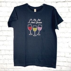 NWOT-ANVIL "At My Age I Need Glasses" RhineStone Embellished Wine Glasses Tee MD